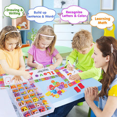 EZIGO colorful alphabet magnets on board for classroom learning.