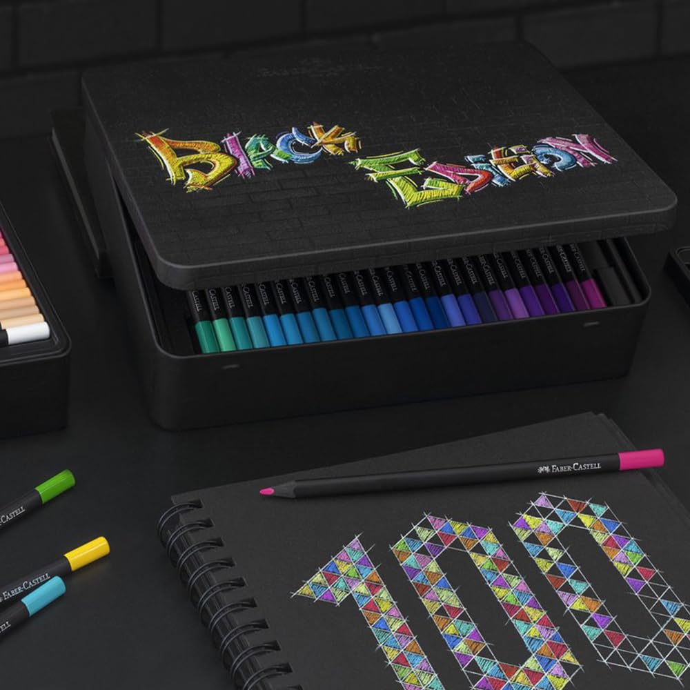 Faber-Castell Black Edition pencils, pre-sharpened with color-dipped ends for quick color switching.