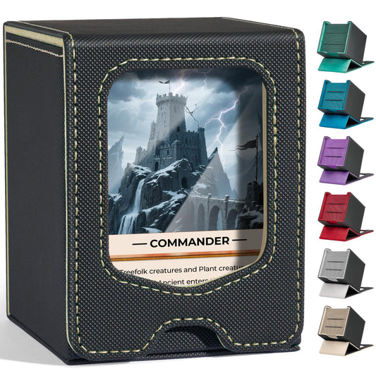 Fabmaker deck box with leader-view window enables quick card checks before play