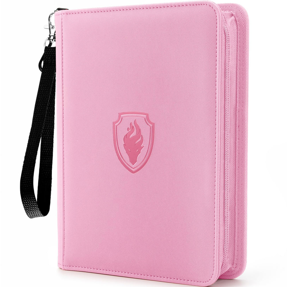 Fabmaker Premium 4-pocket zip card binder in pink, front view showing organized cards.