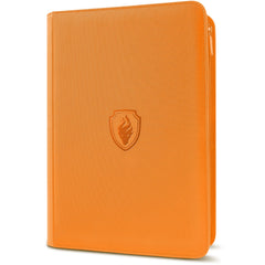 Fabmaker Premium Zip Card Binder exterior in orange PU offers rugged protection for cards.