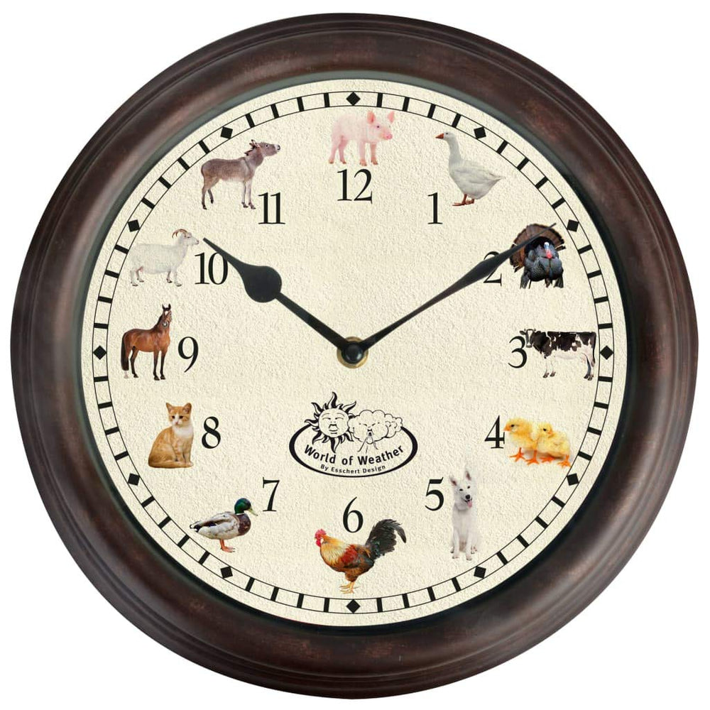 Fallen Fruits farm animal sounds clock wall mount setup in a cozy space
