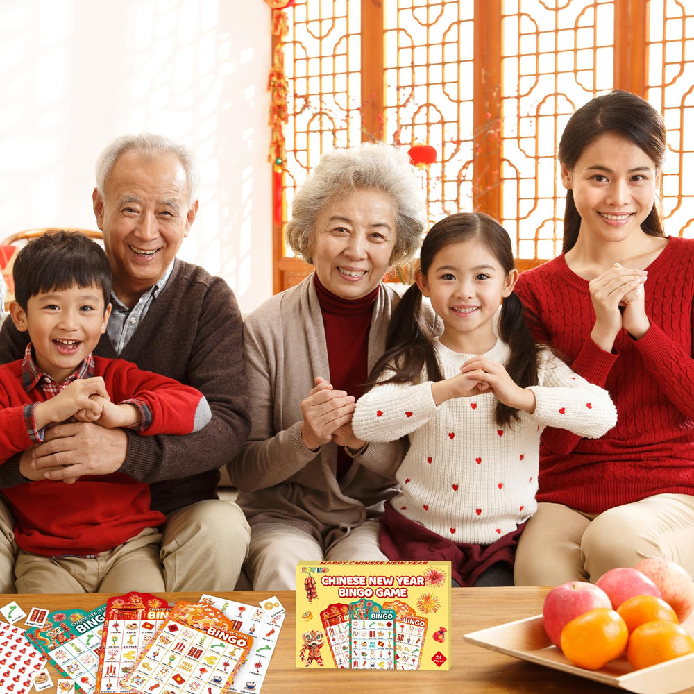 Fancy Land bingo card design features Fu, red envelope, and lion dance symbols