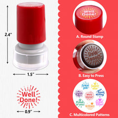 Fancy Land motivational stamps with Well Done and Great Job designs for student encouragement.