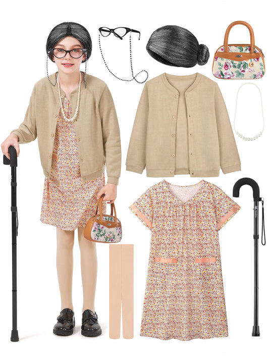 FancyFun old lady costume cardigan close-up, offering soft comfort for all-day school dress-up