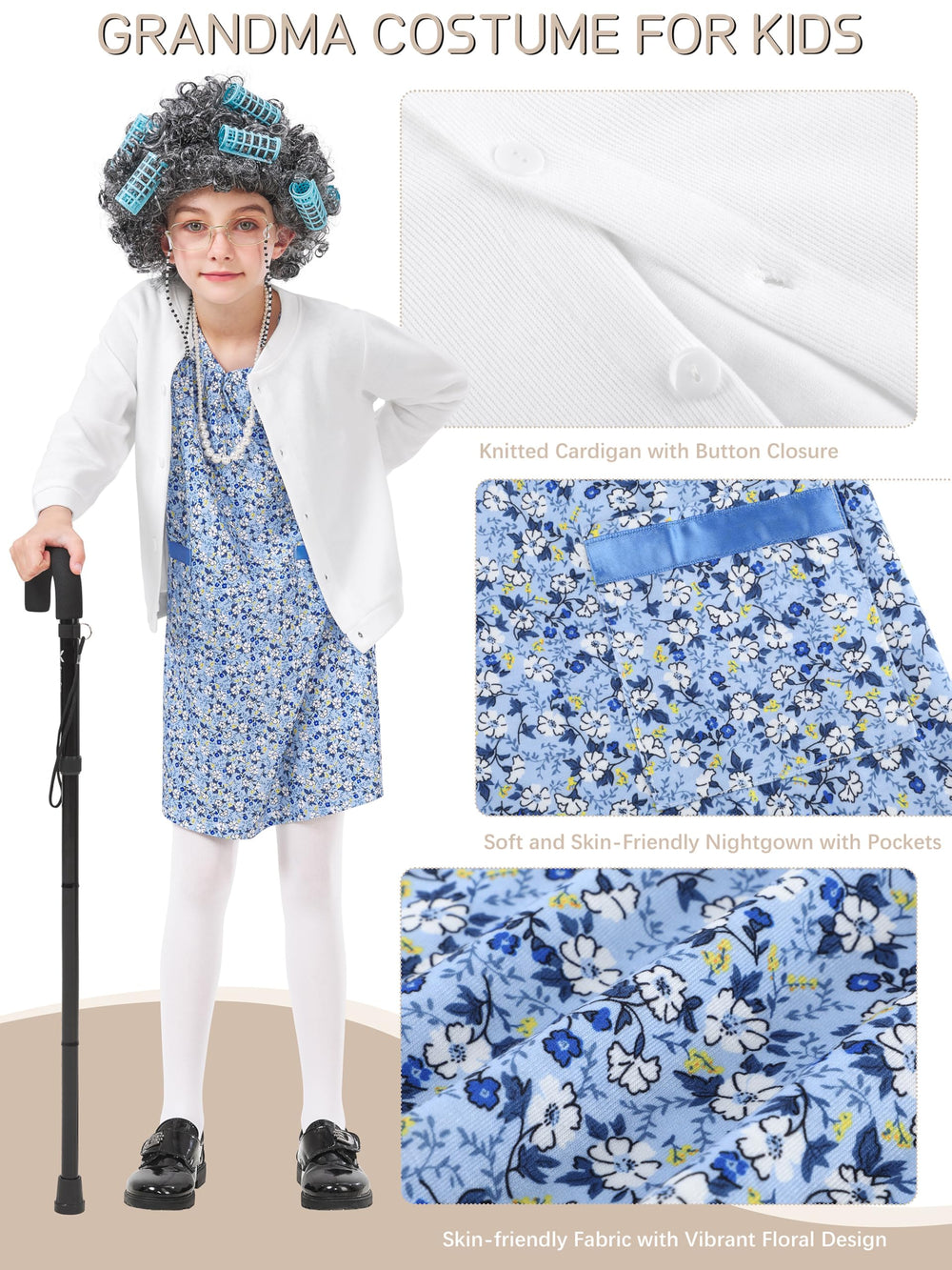 FancyFun old lady costume nightgown – soft fabric ideal for classroom dress-up