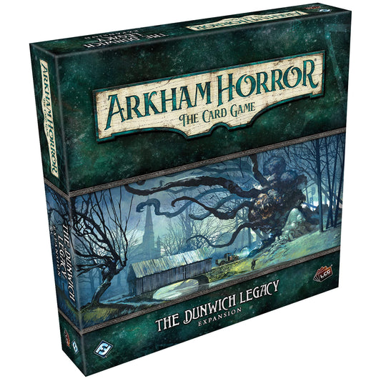 Fantasy Flight Games Arkham Horror The Card Game Dunwich Legacy expansion cover illustrates cooperative mystery and suspense.