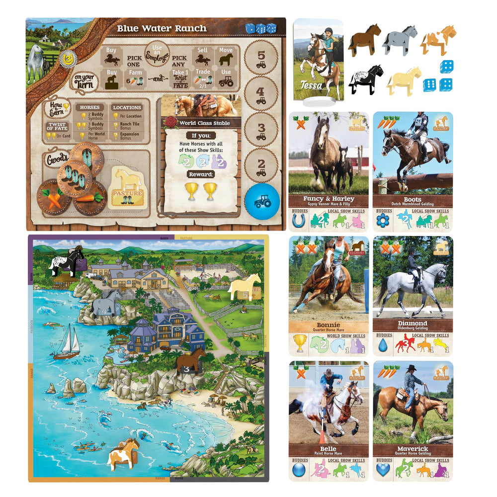 Fantasy Ranch board game features beautiful landscape visuals for immersion.