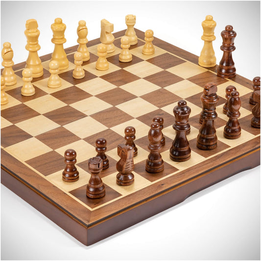 FanVince folding 15-inch walnut chess board for travel and compact storage.