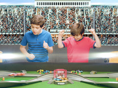 Far Out Toys NASCAR Crash Circuit flash charger powers cars in seconds for rapid replays.