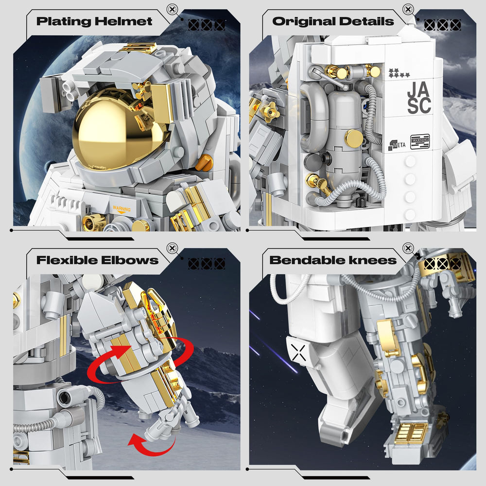 FarBlocked gold-plated helmet detail on astronaut figure.