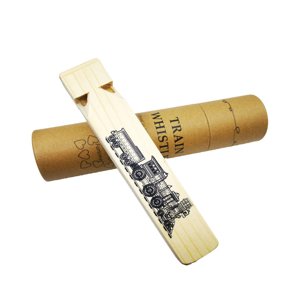 Child holds the Fartime wooden train whistle during pretend play