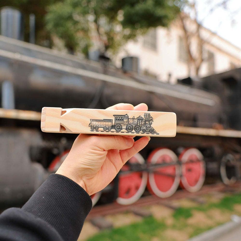 Fartime wooden train whistle package open, ready to gift