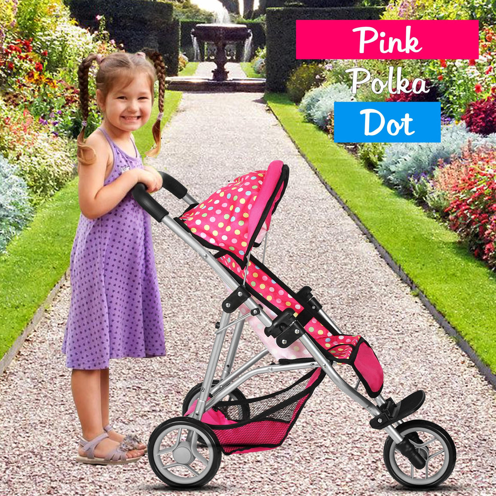 Fash N Kolor denim pink stroller adjustable canopy adapts to light during play