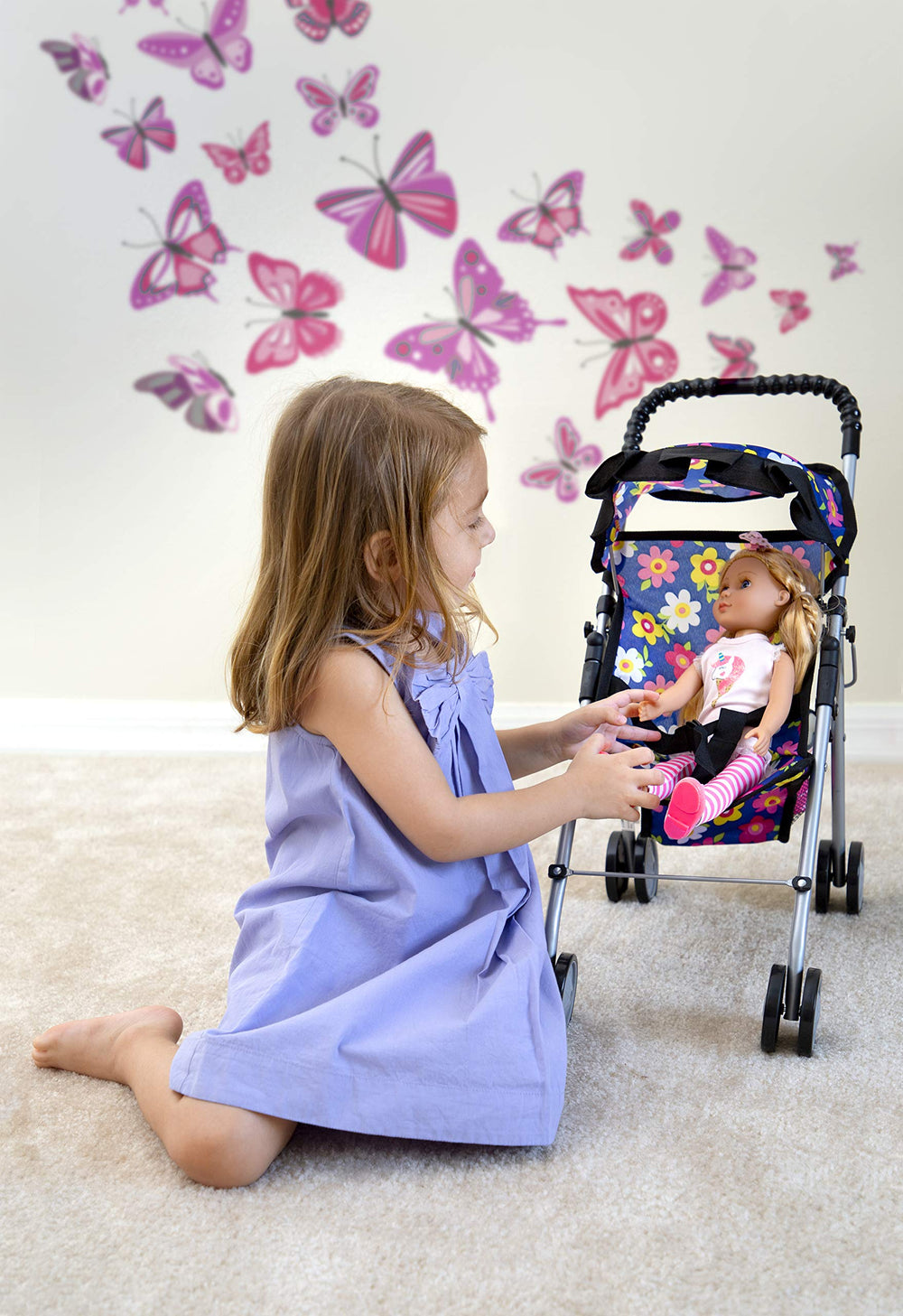 Storage basket keeps accessories within reach during imaginative journeys.