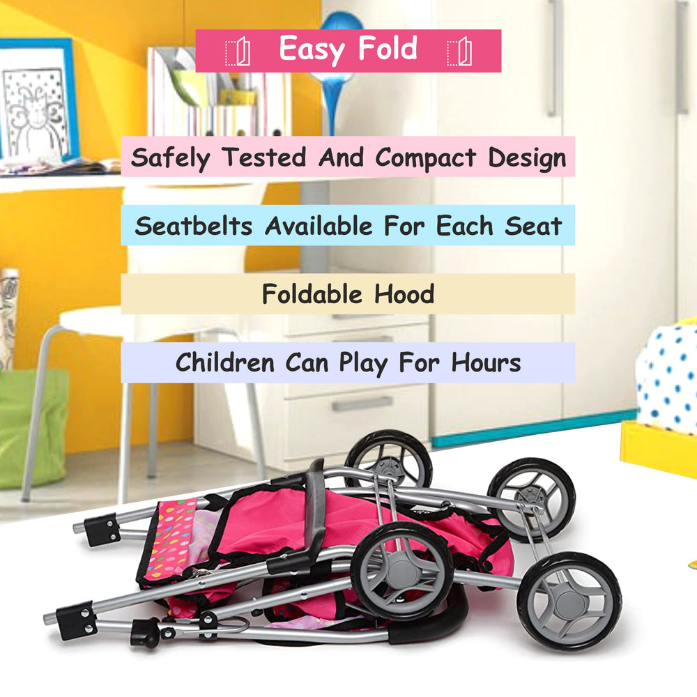 Fash n Kolor easy-assembly twin stroller ready for quick setup.