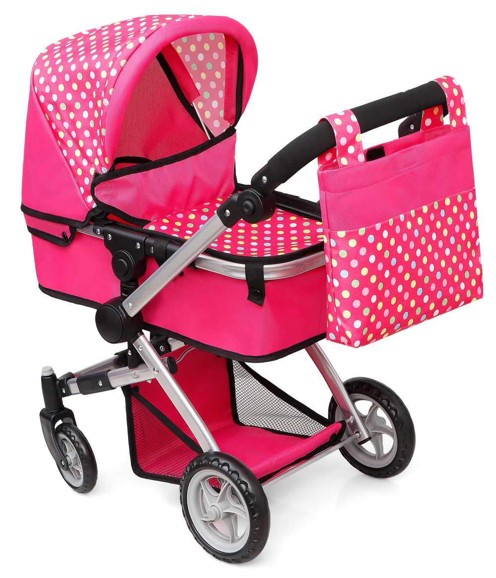 Fash n Kolor polka dots doll stroller enhances imaginative play with bright pink pattern.