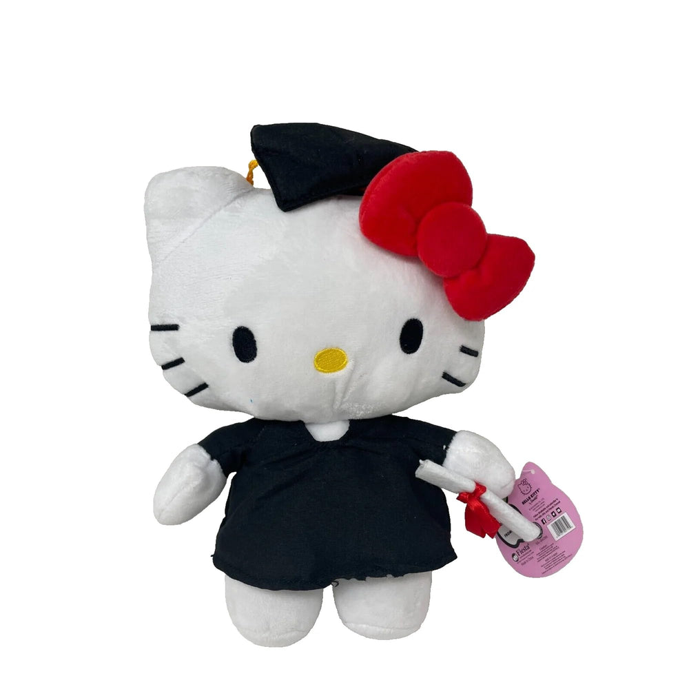 Close-up of Hello Kitty cap and gown on Fast Forward plush, detail and charm