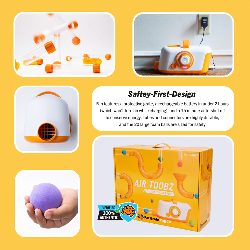 Fat Brain Toys Air Toobz tower setup encourages spatial reasoning.