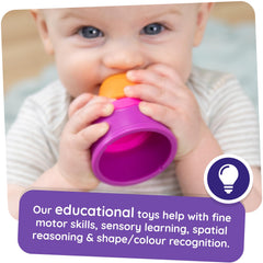 Fat Brain Toys Dimpl Stack child hands exploring push-pops to develop finger coordination.