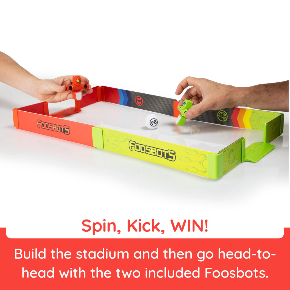 Buildable Foosbots stadium setup ready for quick indoor games.