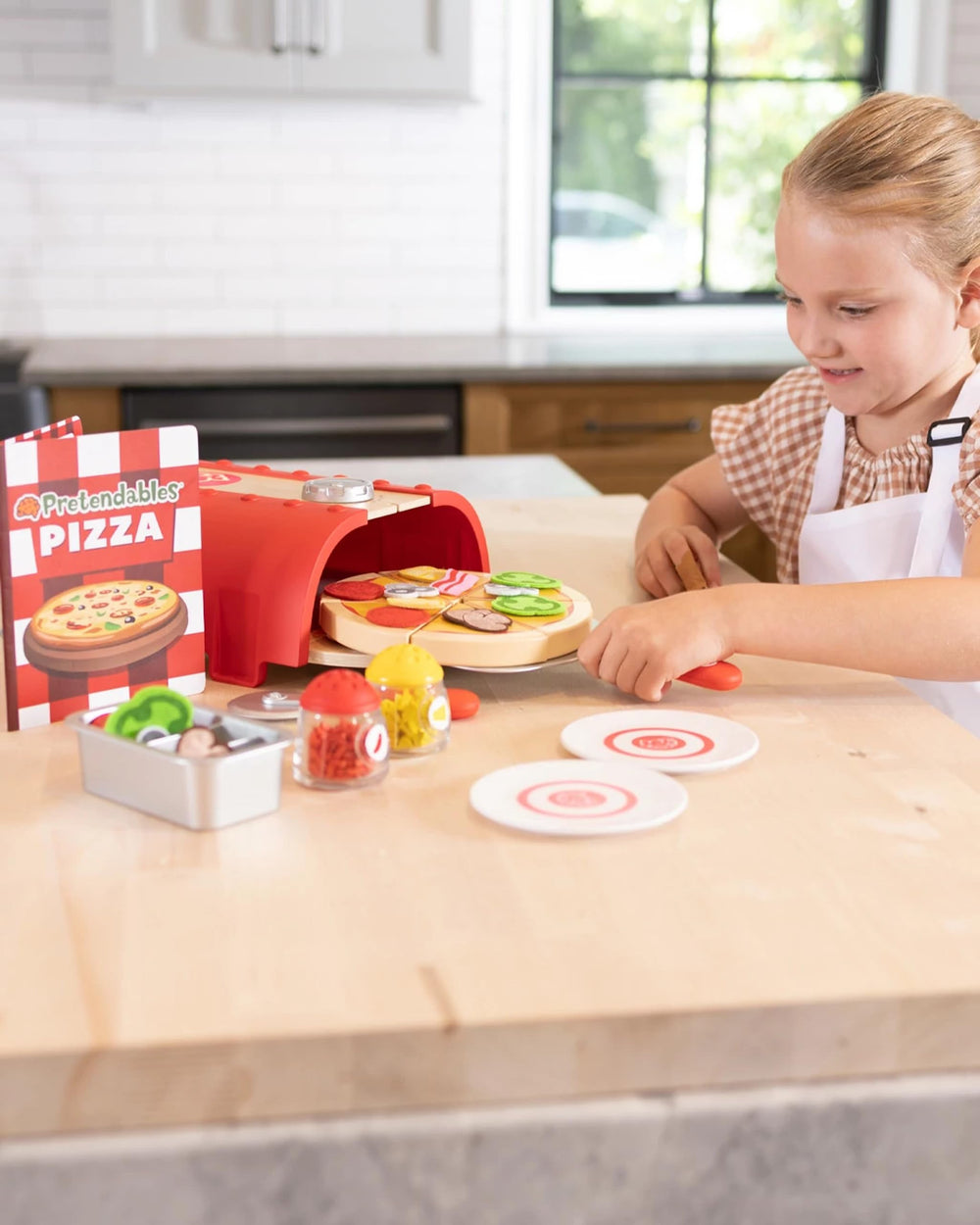 Fat Brain Toys Pretendables Backyard Pizza Oven Set storage oven keeps play tools organized
