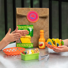 Fat Brain Toys Pretendables Nacho Set taco stands and dishes organize playtime.