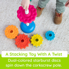 Fat Brain Toys SpinAgain stack-and-spin helping toddlers practice coordination and sequencing.