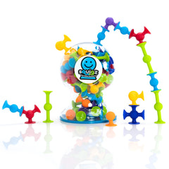 Fat Brain Toys Squigz Deluxe 50-piece packshot showing colorful suction pieces for creative play