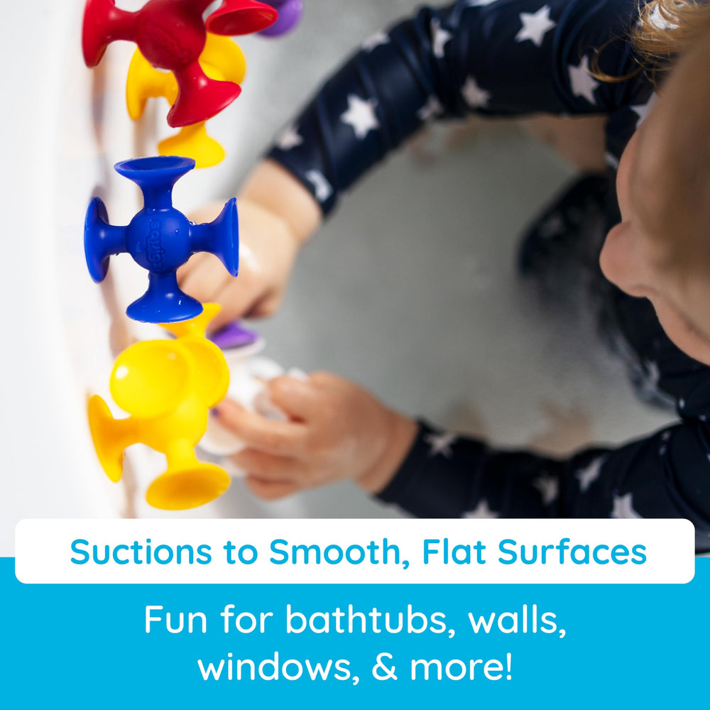 Fat Brain Toys Squigz no residue adhesion on smooth surfaces.