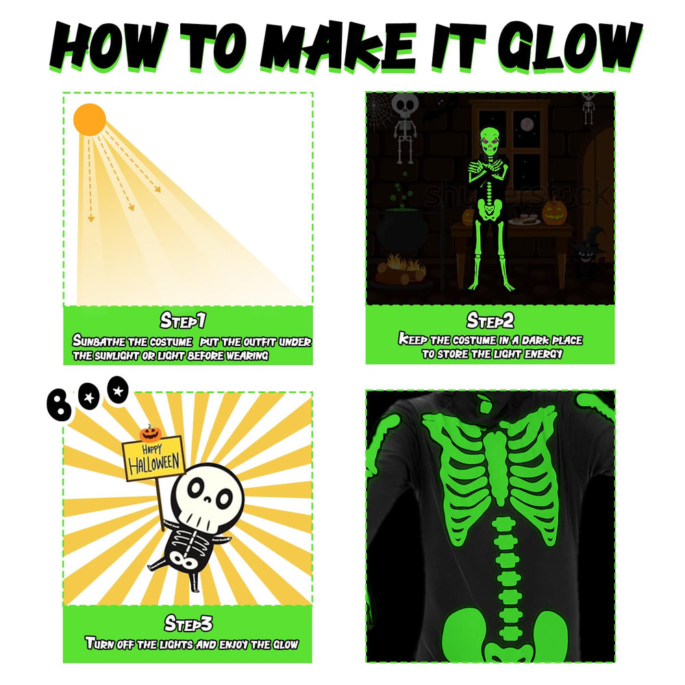 Faybox zip-up skeleton costume with simple on/off for kids
