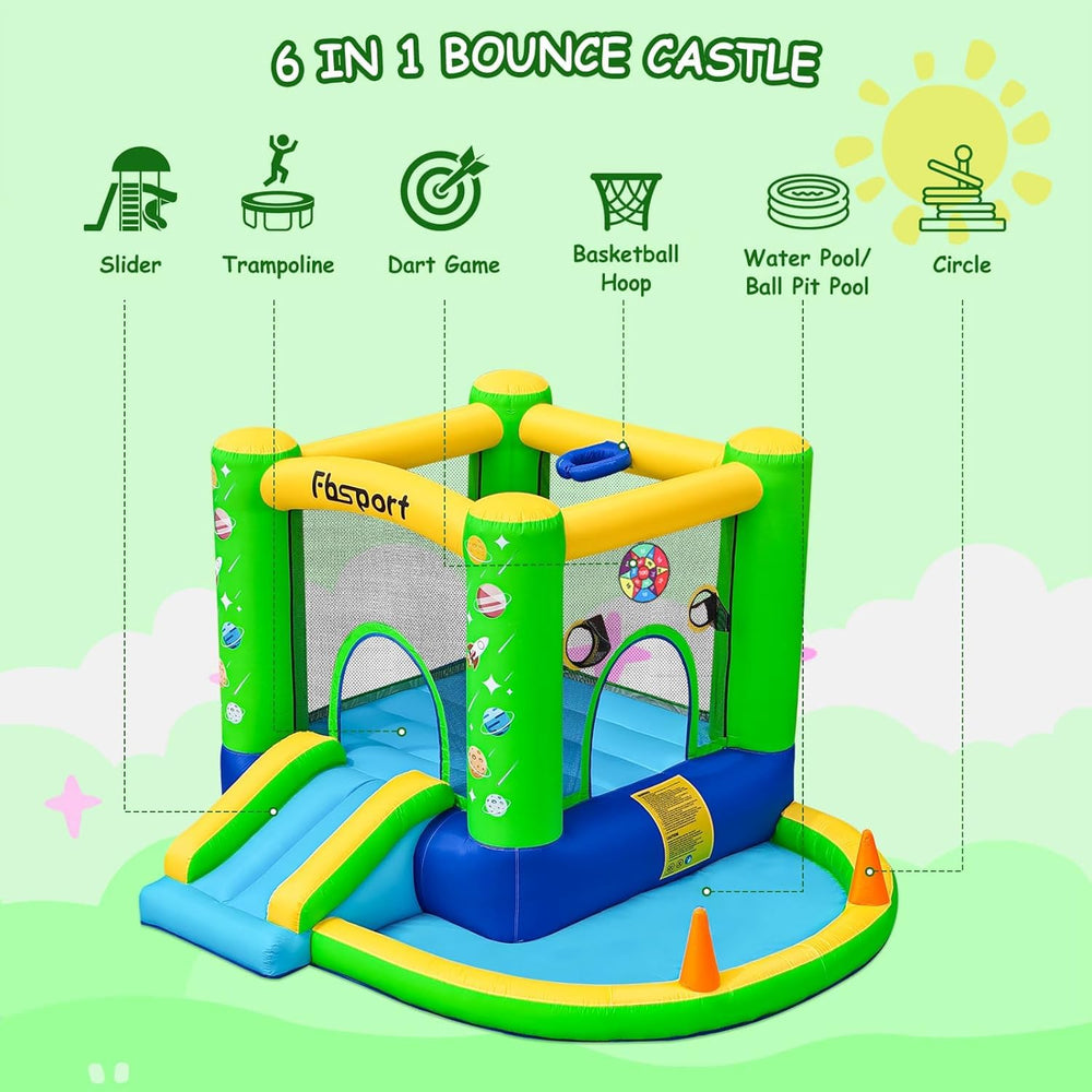 FBSPORT bounce house with slide showcases a quick setup for busy families.