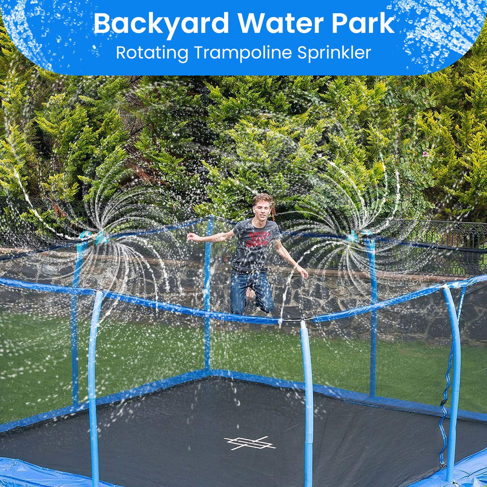 FCLLD trampoline sprinkler rotating arms deliver 360-degree mist.