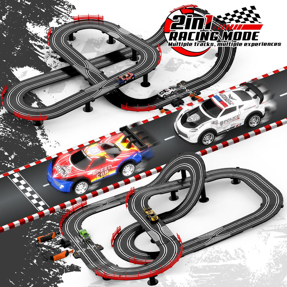 Fedonak 4 high-speed slot cars with LED lights for dramatic nighttime racing.