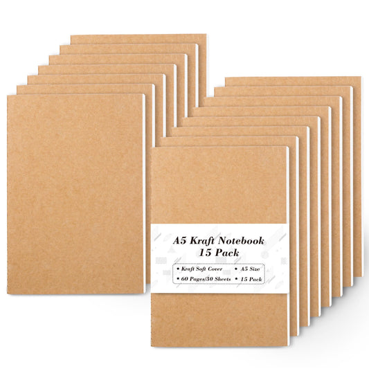 Feela 15-pack A5 kraft notebooks pack shot showing portability for easy on-the-go use