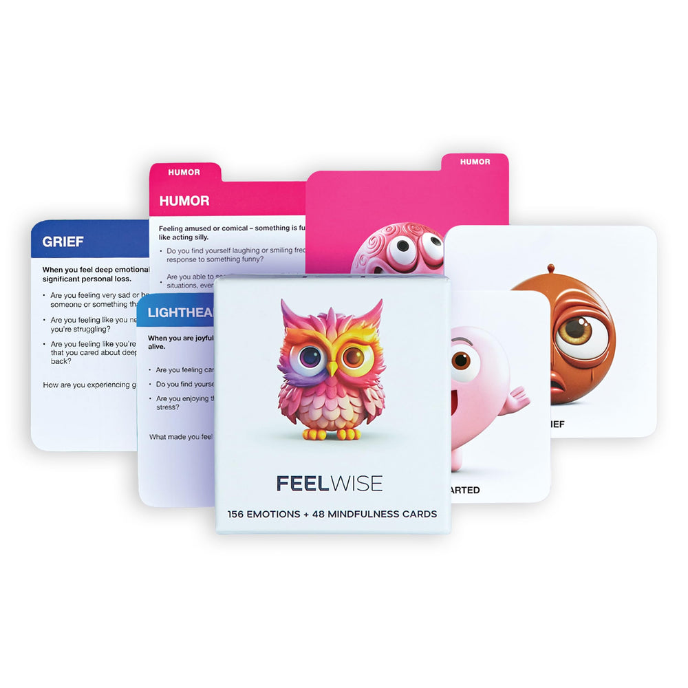 FeelWise emotional intelligence card deck front view with colorful cards for self-awareness.