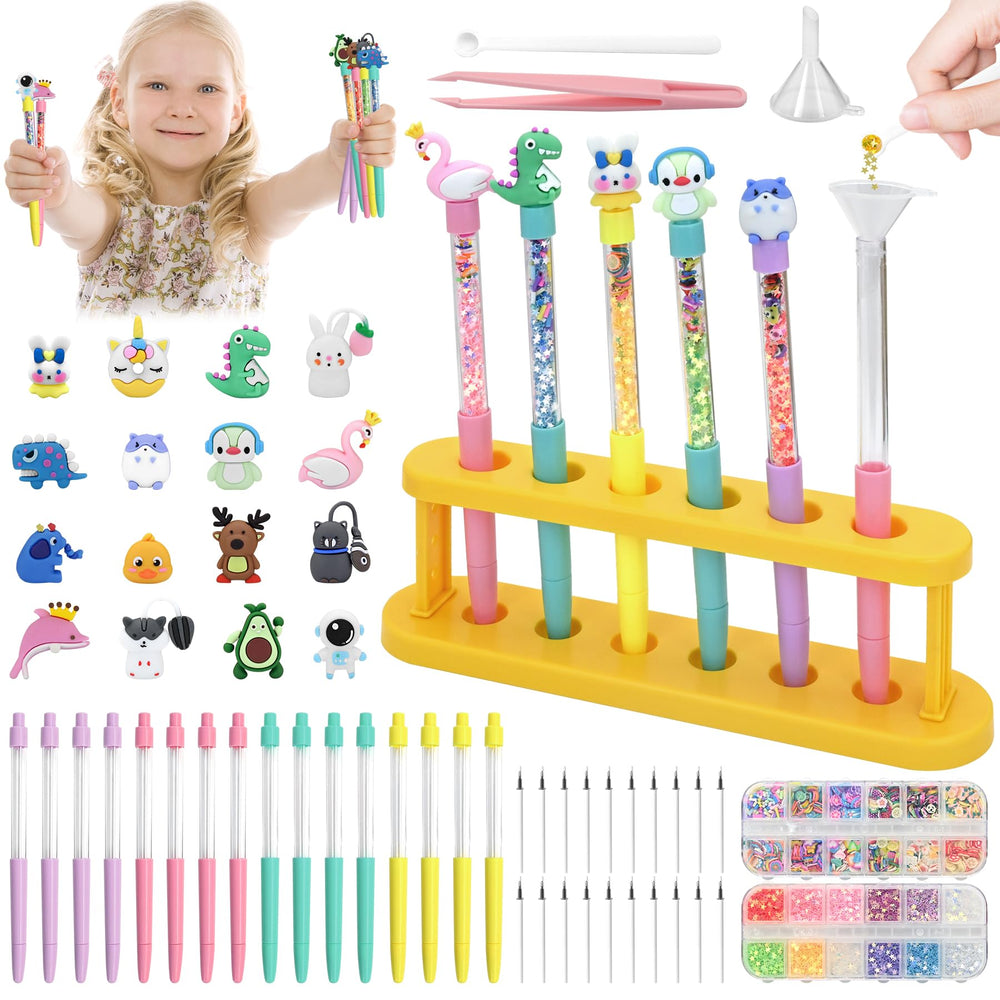 FEMBW pen making kit contents with glitter accessories for creative, mess-free crafting at home.