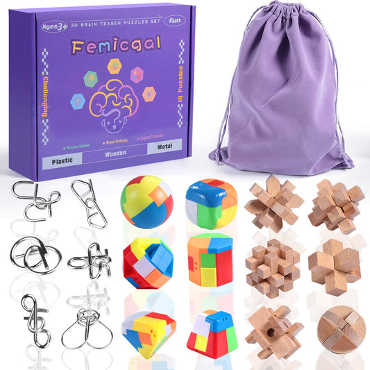 Femicgal Brain Teaser wooden puzzles 6-pack showcasing classic wooden challenges for focus.