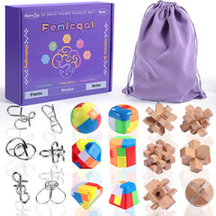 Femicgal Brain Teaser wooden puzzles 6-pack showcasing classic wooden challenges for focus.