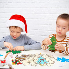 Fennoral unfinished wooden Christmas tree pieces awaiting kid-friendly assembly