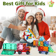 Feoxialy magnetic tiles trains build with rolling wheels for dynamic construction.