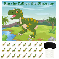 FEPITO Pin the Tail poster on a wall for a lively dinosaur party.
