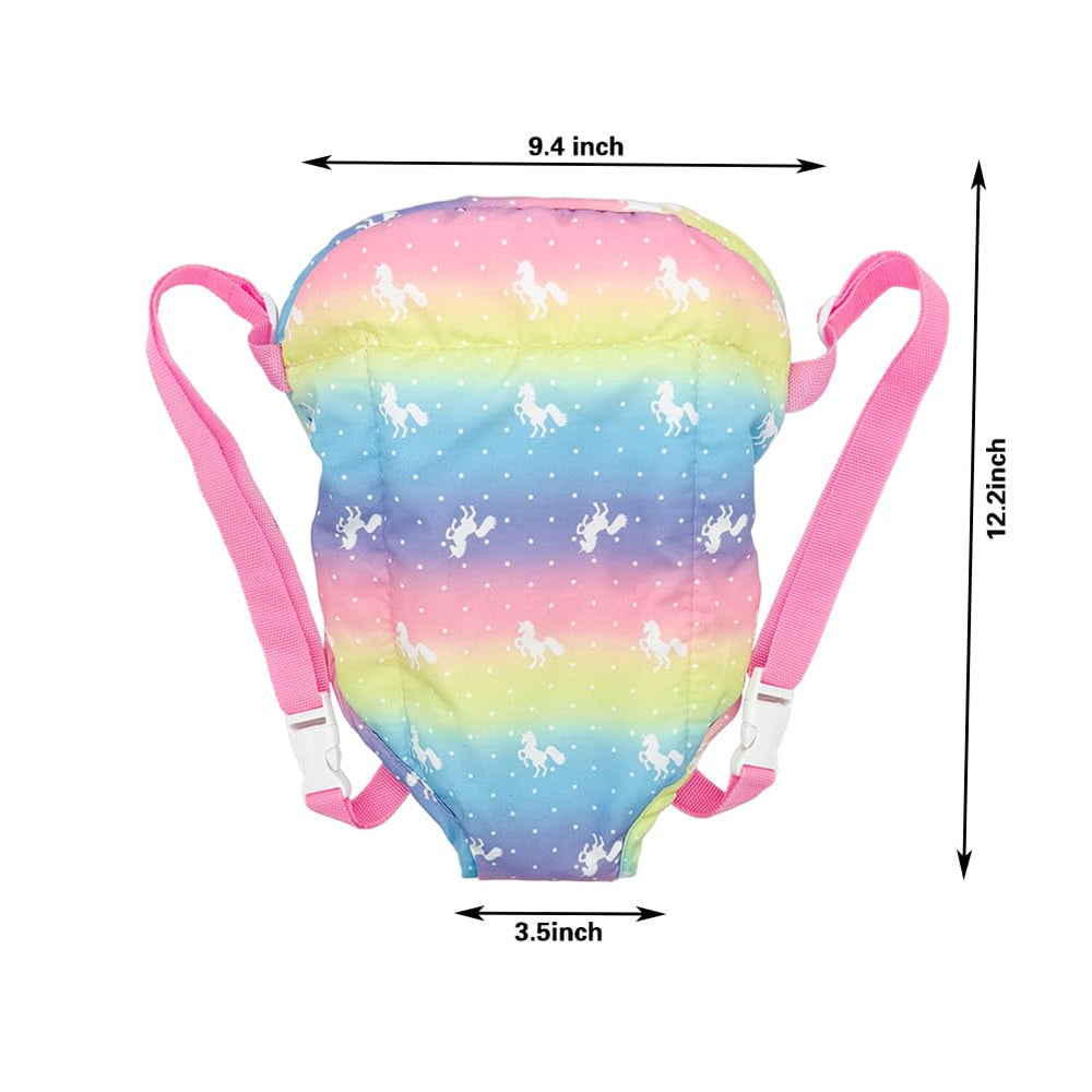 Ferberbears Rainbow doll carrier back view highlighting comfortable adjustable straps for dolls.