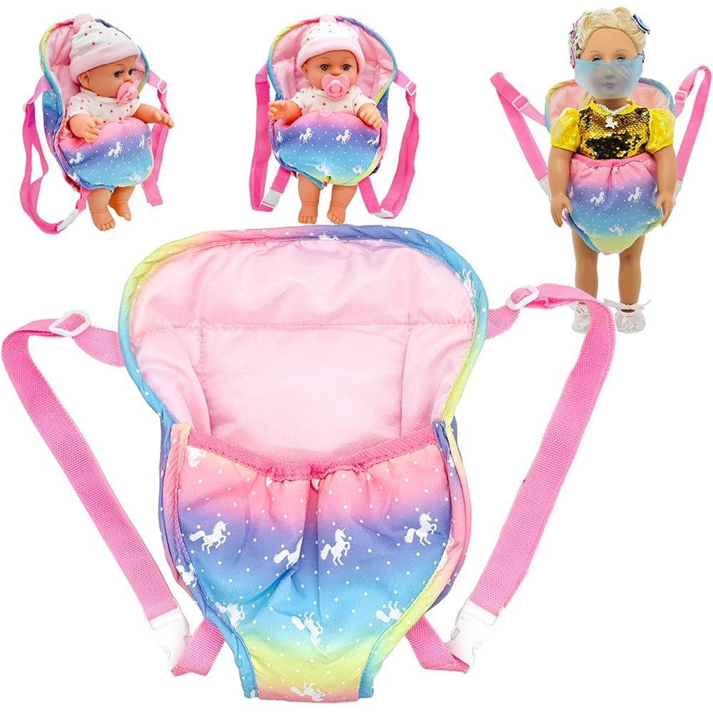 Ferberbears Rainbow doll carrier adjustable straps ensure a snug fit for 12-18 inch dolls.