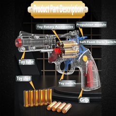 FESVASDEE toy revolver action mechanism visible through clear shell for learning.