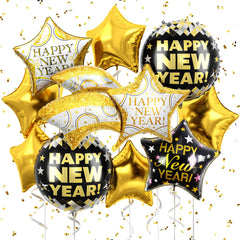 FEYG black and gold happy new year balloon creates a striking centerpiece.