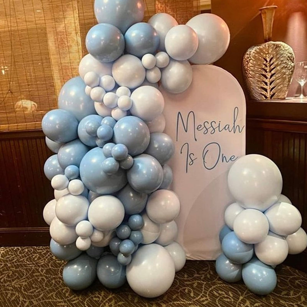 FEYG Dusty Blue Balloon Arch Kit birthday party backdrop setup