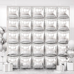 FEYG metallic-silver-square-foil-balloons wall 19-inch setup for an elegant backdrop