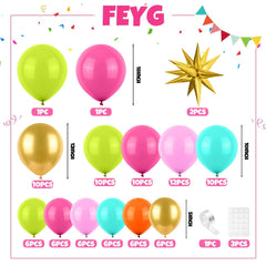 FEYG Rainbow Neno Balloon Arch right view showcases glossy latex balloons for Hawaiian luau setups
