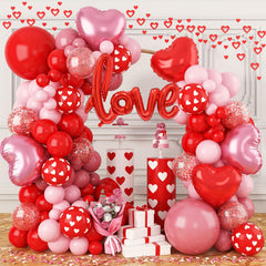 FEYG valentines balloon arch kit setup with rose red accents for romance.